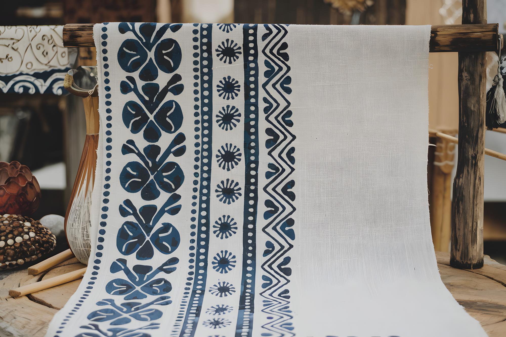 embroidered linen table runner with geometric motif
